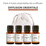 Pack diffusion orientale - Lot de 4 huiles essentielles BIO à diffuser - Petit Grain - Encens - Patchouli - Orange Douce - 4 x 5